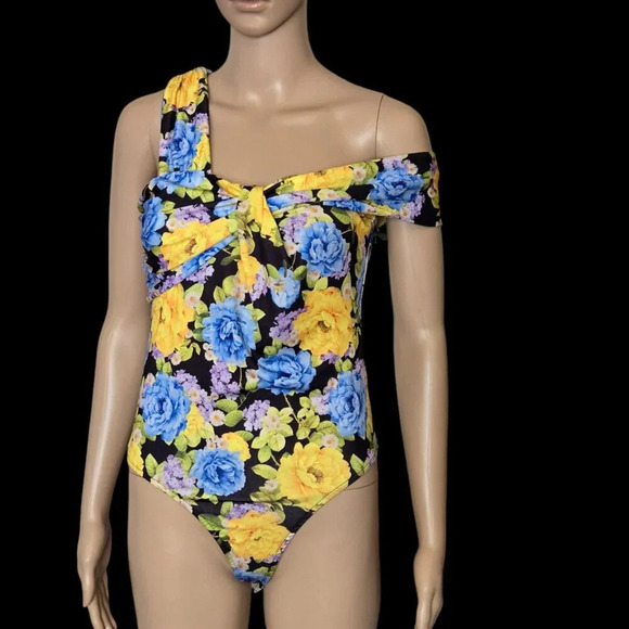 Zara multicolor Floral Asymmetrical Bodysuit Front Knot Ruched size M - Picture 2 of 7
